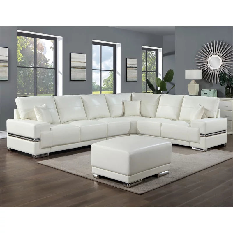 White Faux Leather Sectional with Ottoman U4040