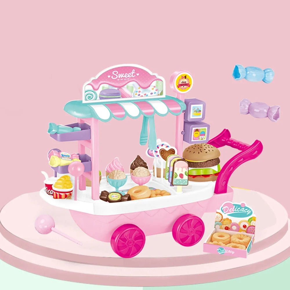 Dessert Candy Trolley Kitchen Toy Set with Umbrella Food Dishes H9808
