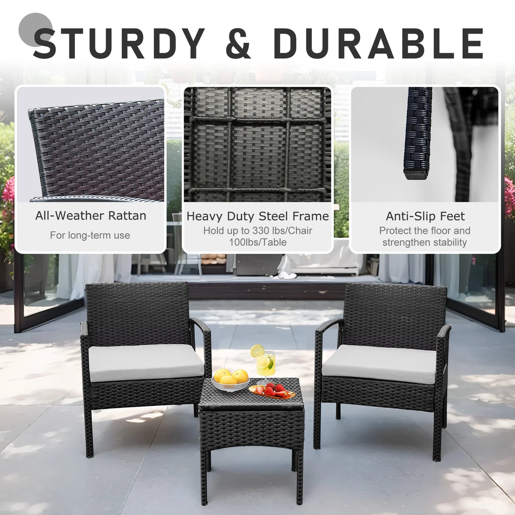3 Piece Rattan Bistro Set with Side Table and Cushions E447