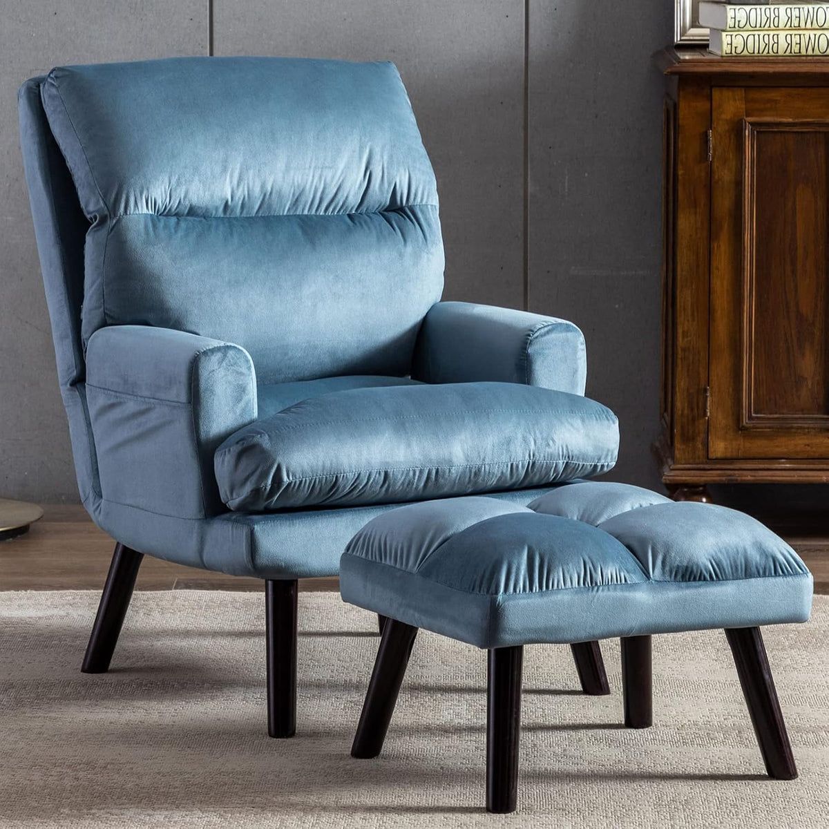 Modern Accent Chair with Ottoman, Soft Fabric Armchair with Adjustable Backrest and Side Pockets J1229