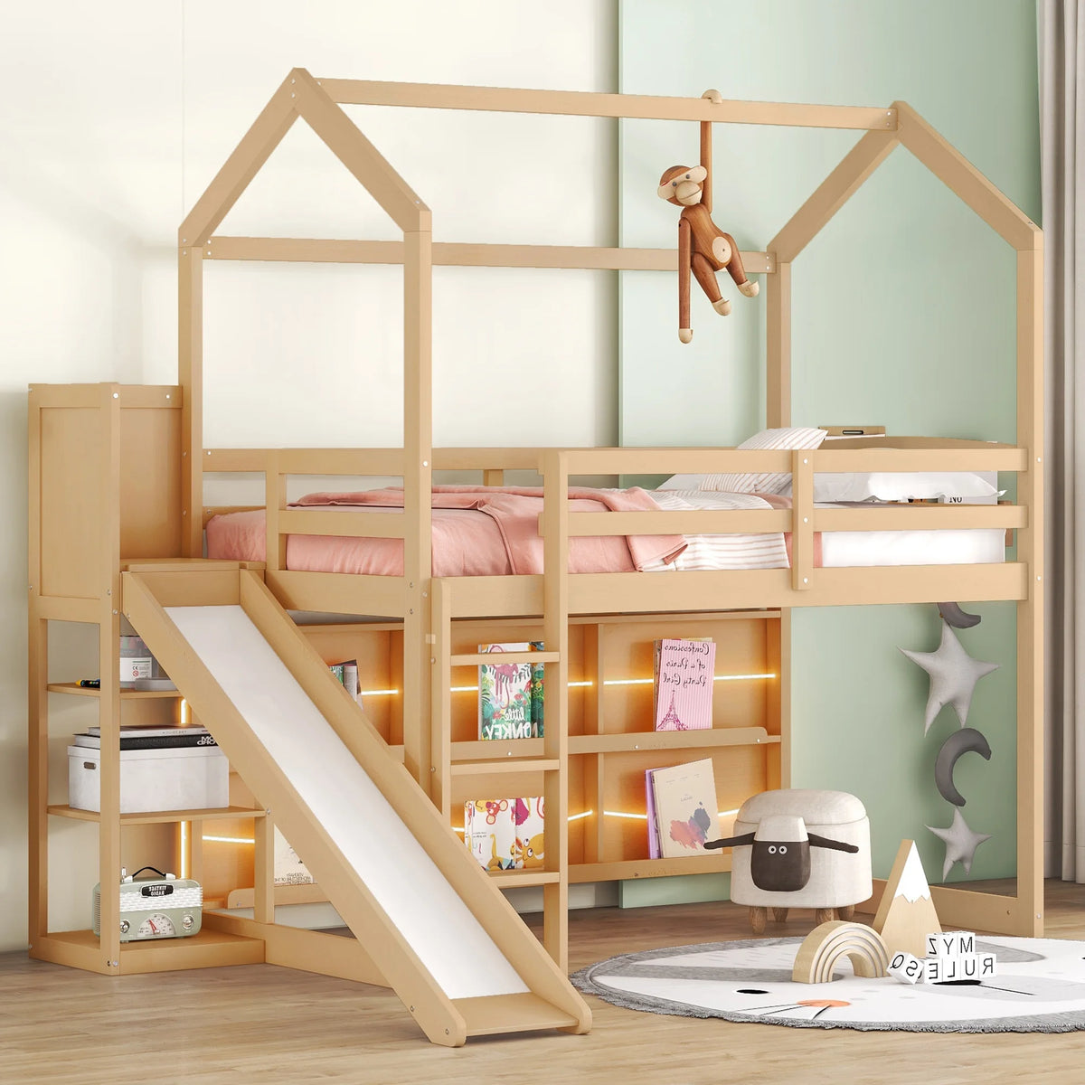 Wood Twin Size Loft Bed with Shelf and Slide F60249