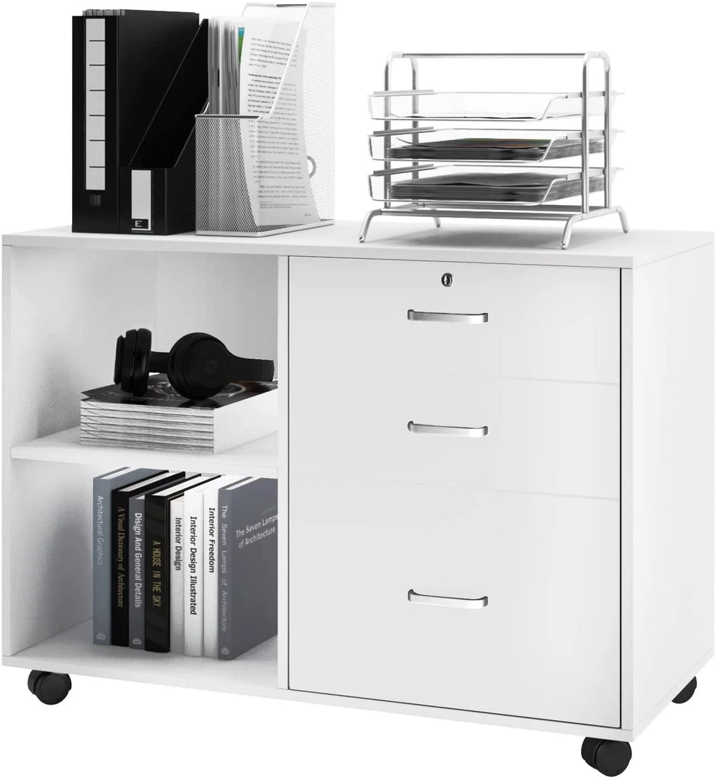 White 3 Drawer Wood File Cabinet with Storage Shelves N22803