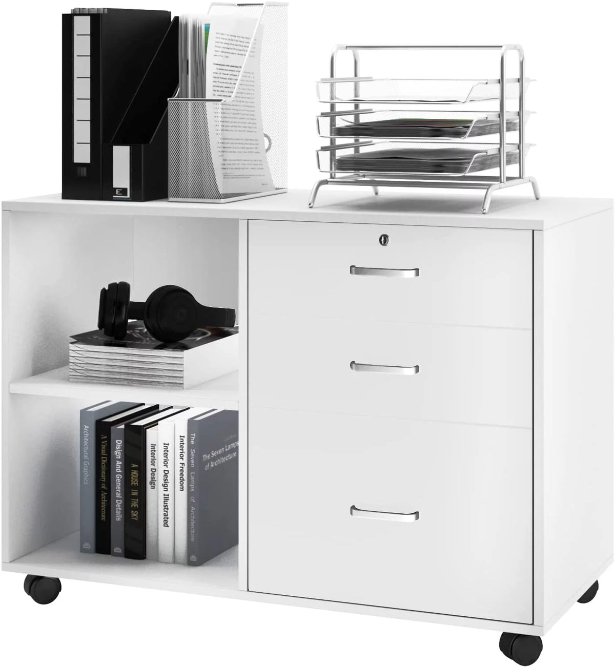 White 3 Drawer Wood File Cabinet with Storage Shelves N22803