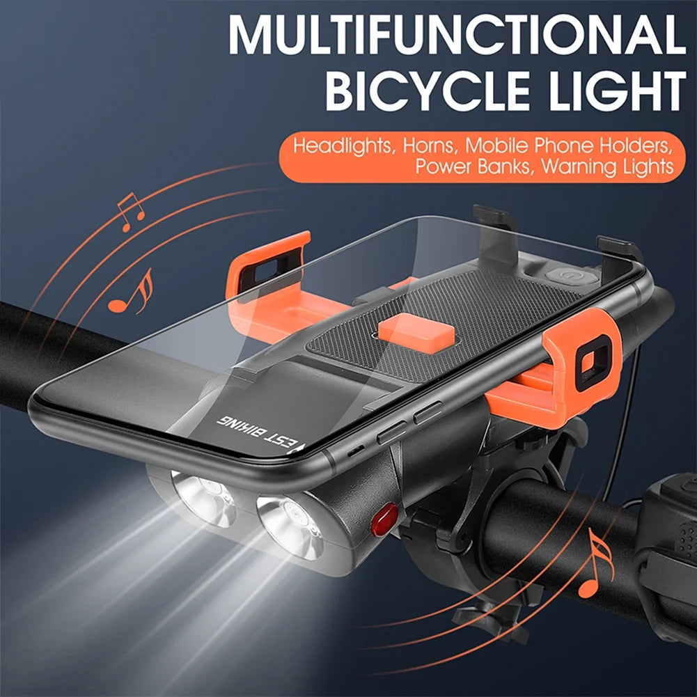 5in1 Bike Front Bracket Lamp Horn Mobilephone Holder Warning Bell Powerbanks USB Rechargeable Cycling Accessories E783