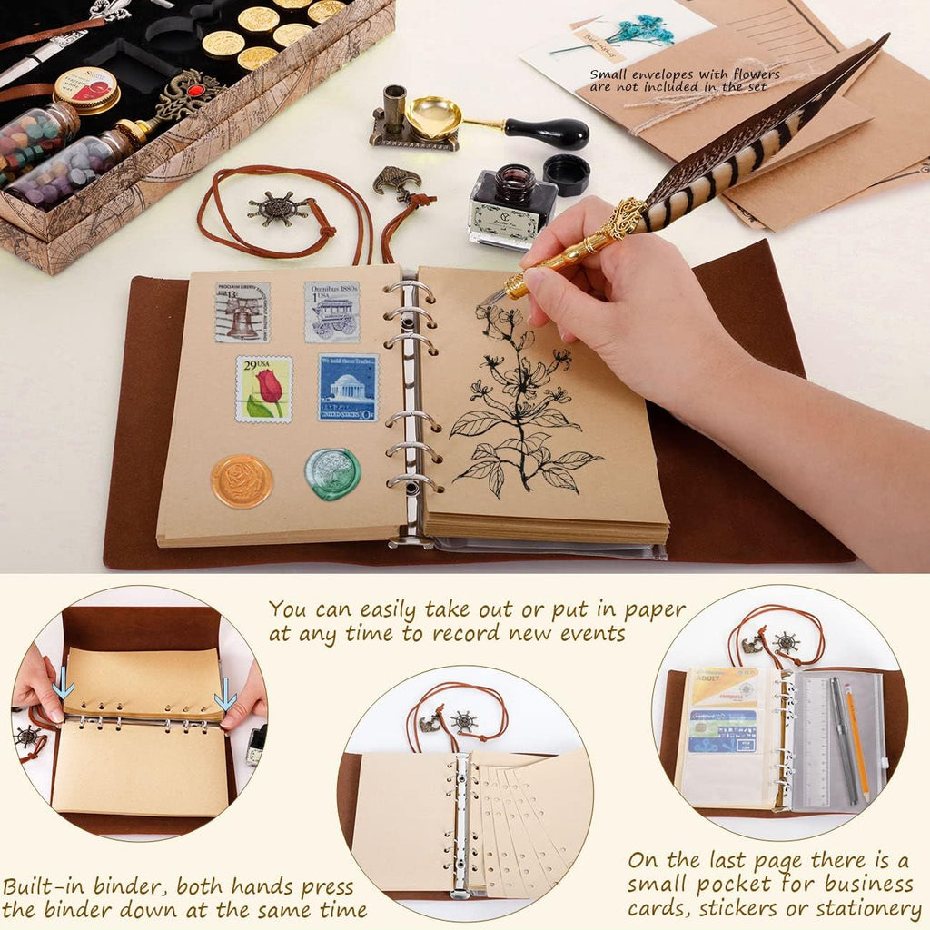 Pheasant Quill Pen and Ink Set Wax Seal Stamp Kit with Leather Journal Notebook, 7 Wax Stamp Heads, Pack of 2 V346