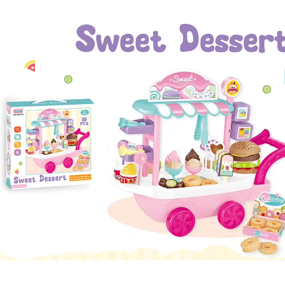 Dessert Candy Trolley Kitchen Toy Set with Umbrella Food Dishes H9808