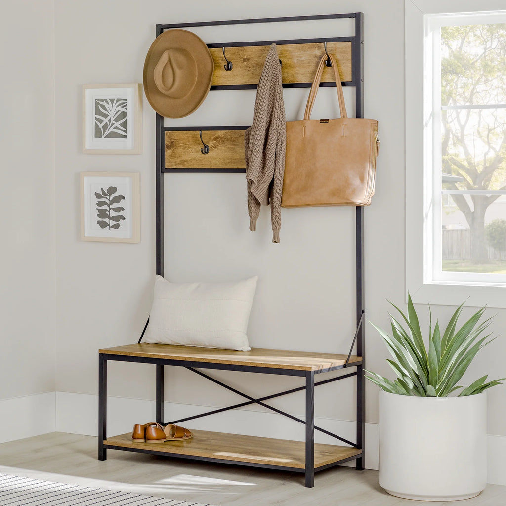 Industrial Hall Tree with Bench and Coat Hooks S82870