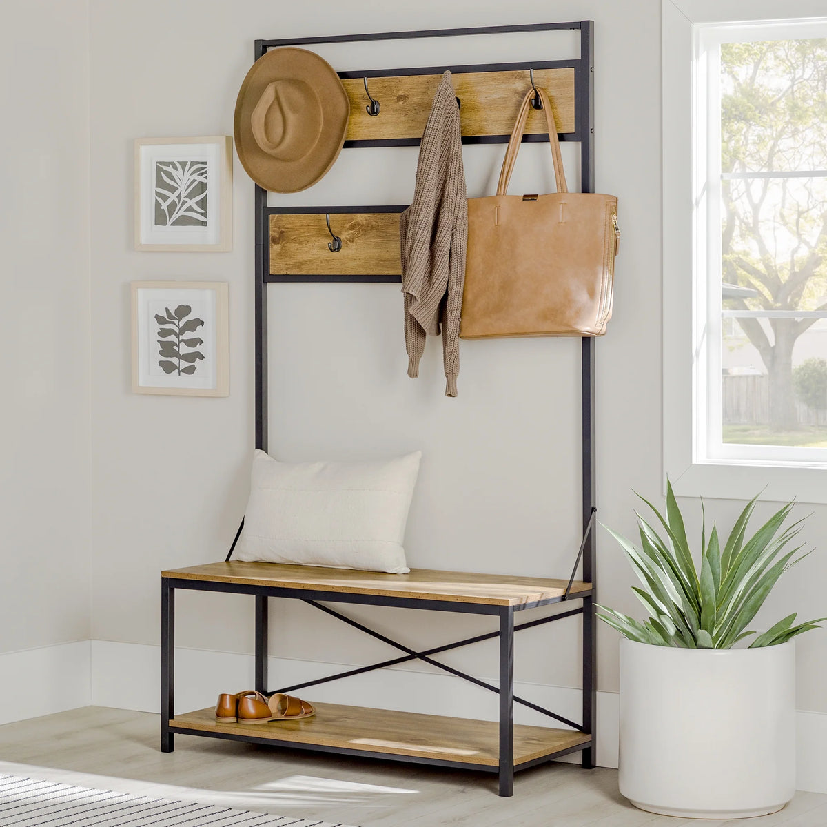 Industrial Hall Tree with Bench and Coat Hooks S82870