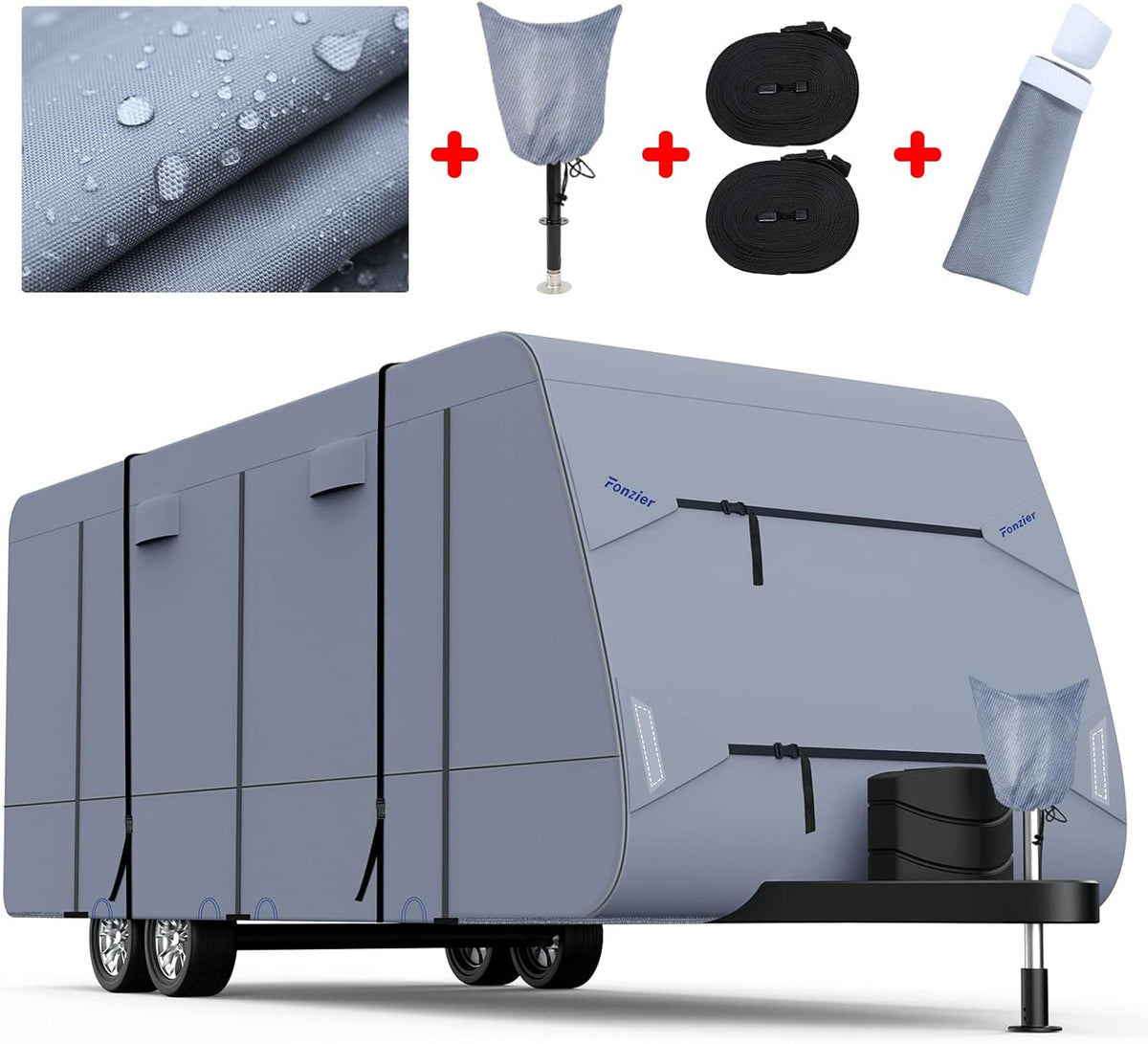 Waterproof 210D Travel Trailer RV Cover with 4 Gutter Spout Covers B8331