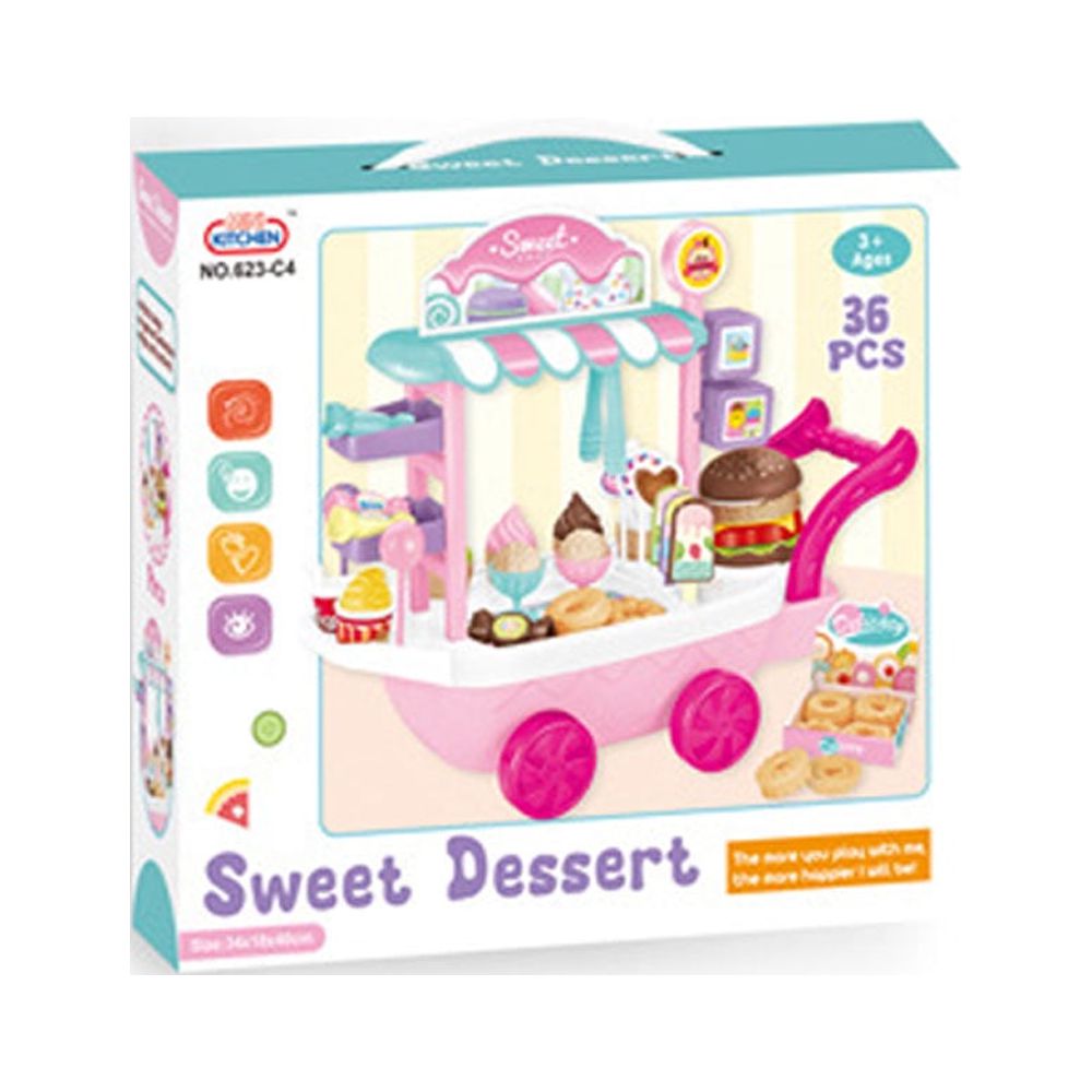 Dessert Candy Trolley Kitchen Toy Set with Umbrella Food Dishes H9808
