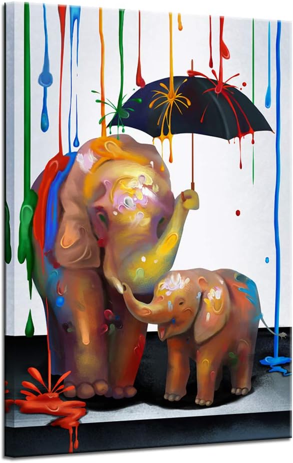 Elephant Mother and Baby Canvas Wall Art with Wood Frame U8939