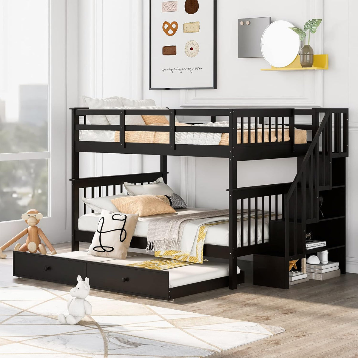 Twin Over Full Bunk Bed with Staircase and Storage S476