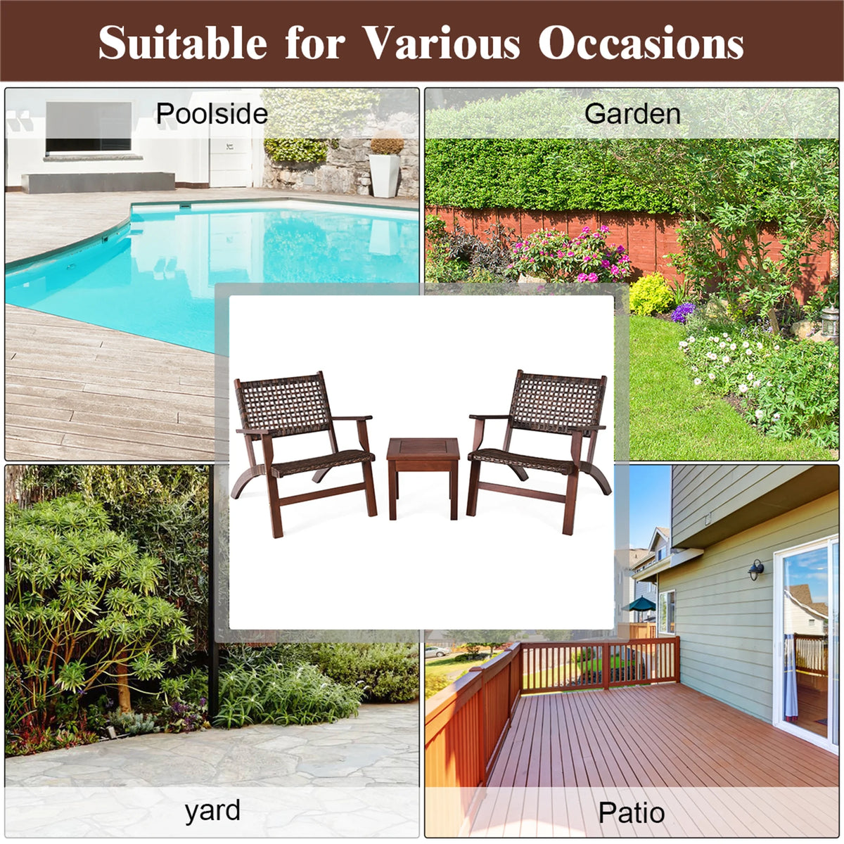 3PCS Patio Rattan Furniture Set Coffee Table R13313