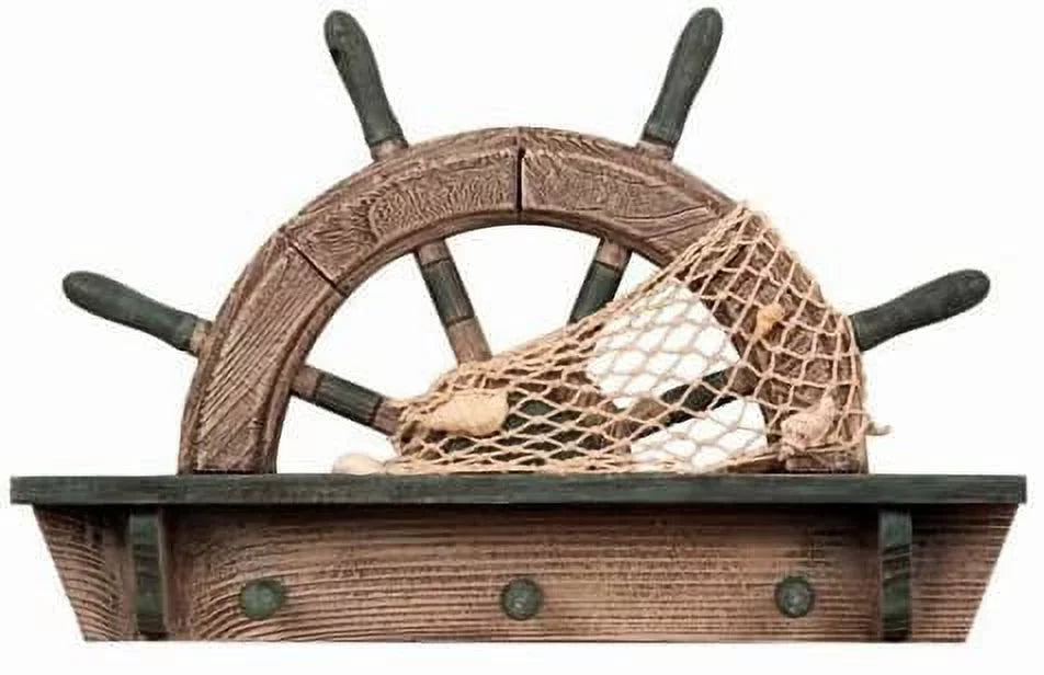 Wooden Half Ship Wheel Shelf with Hooks J739