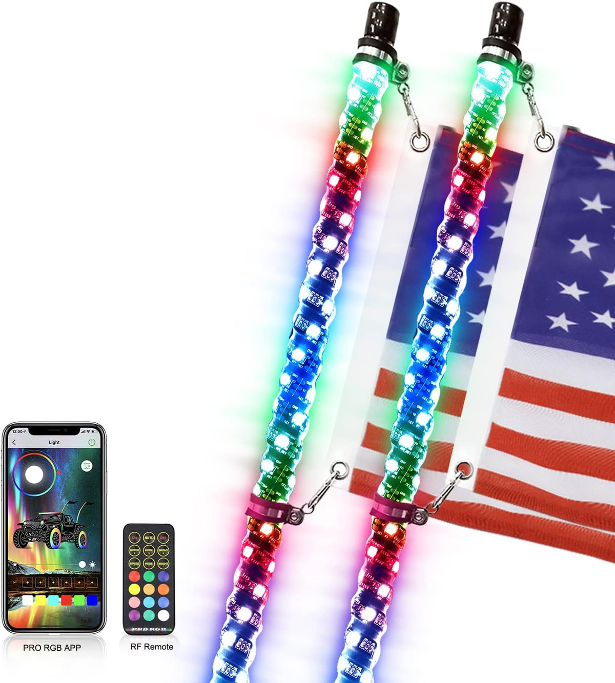 2PCS 5FT LED Whips Light with Remote and app J2011