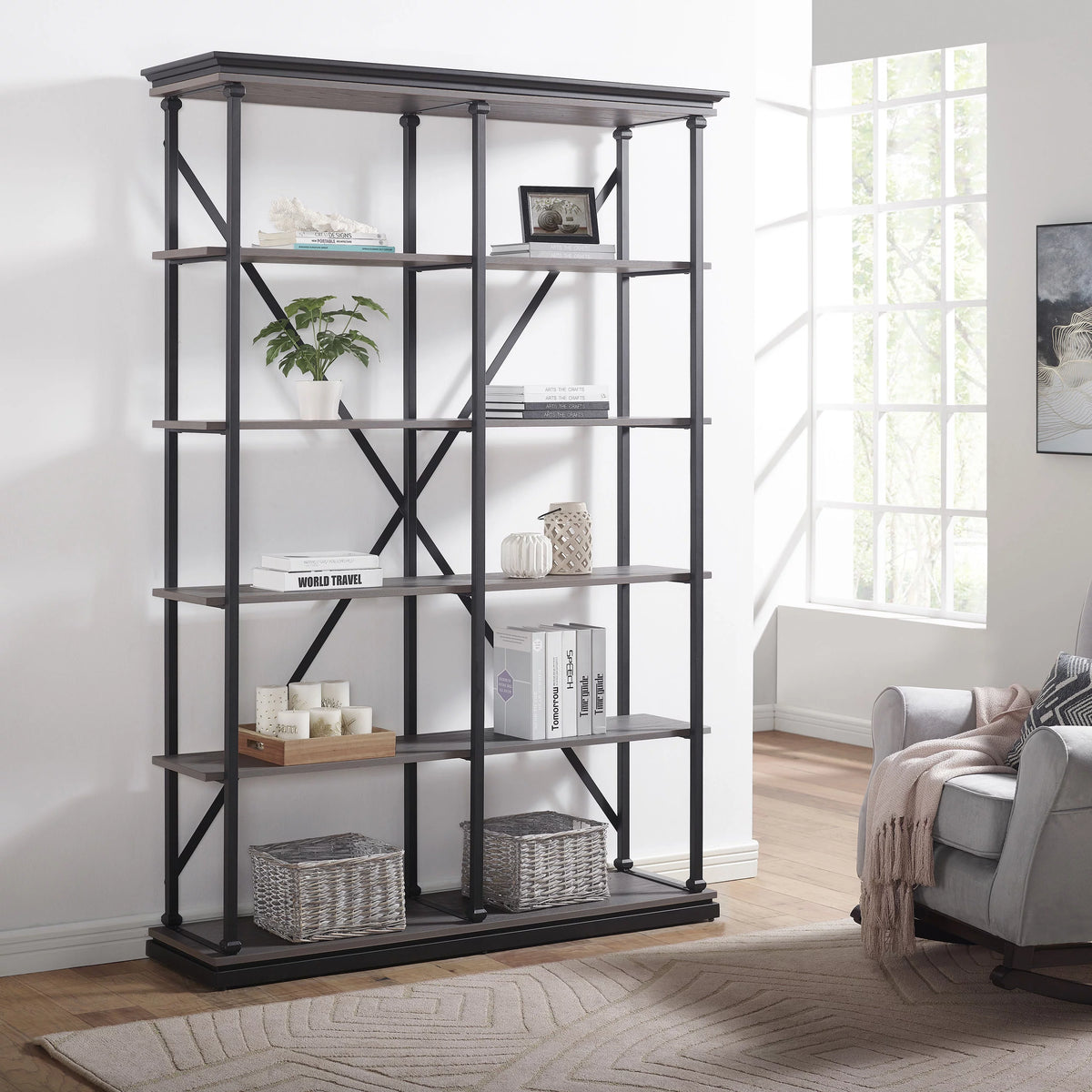 Antique Gray Wood 4-shelf Open Bookcase L31179