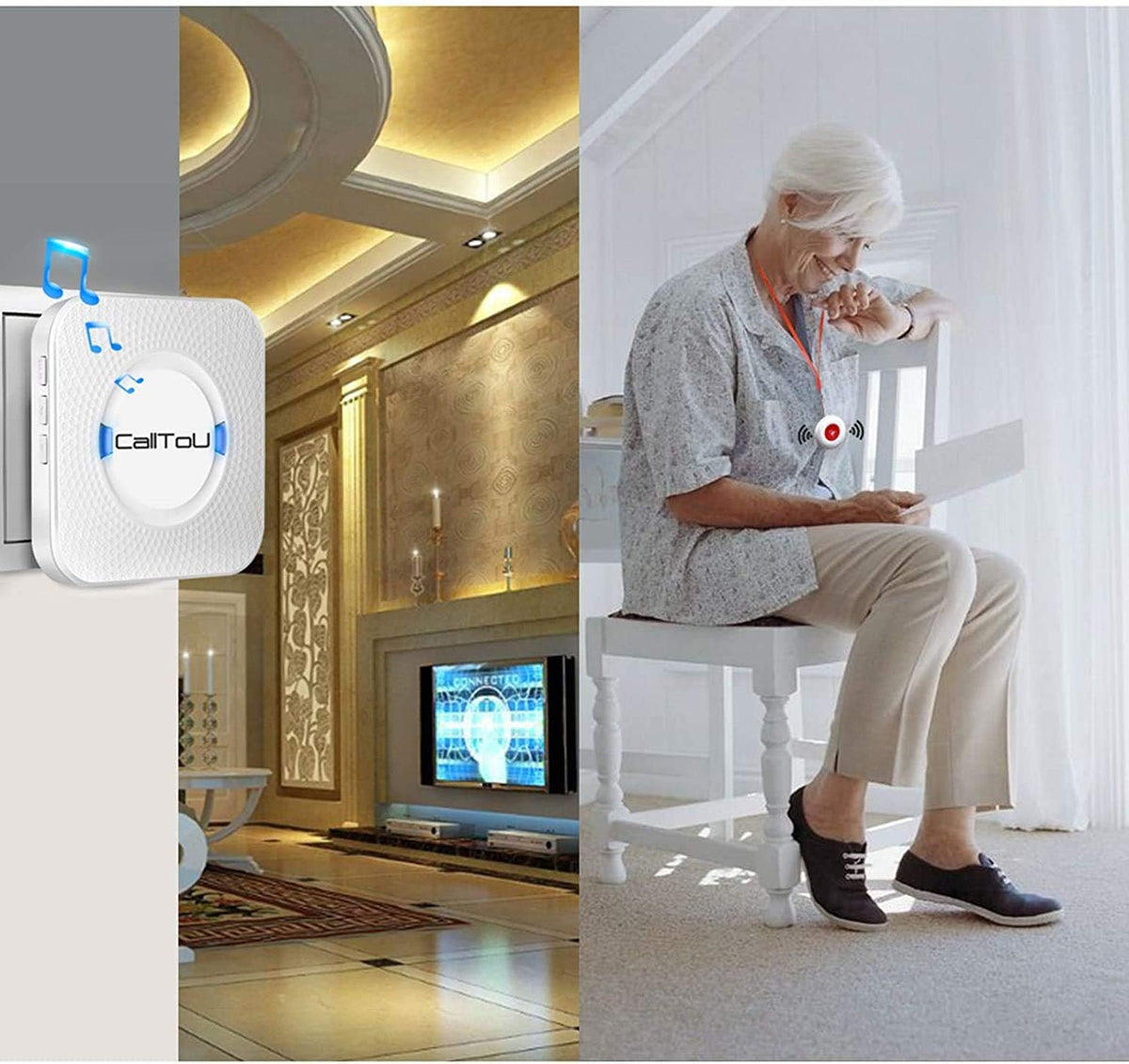 Wireless Caregiver Pager System with 2 SOS Call Buttons, 2 Receivers, 1 Steel Hand Bell W2938