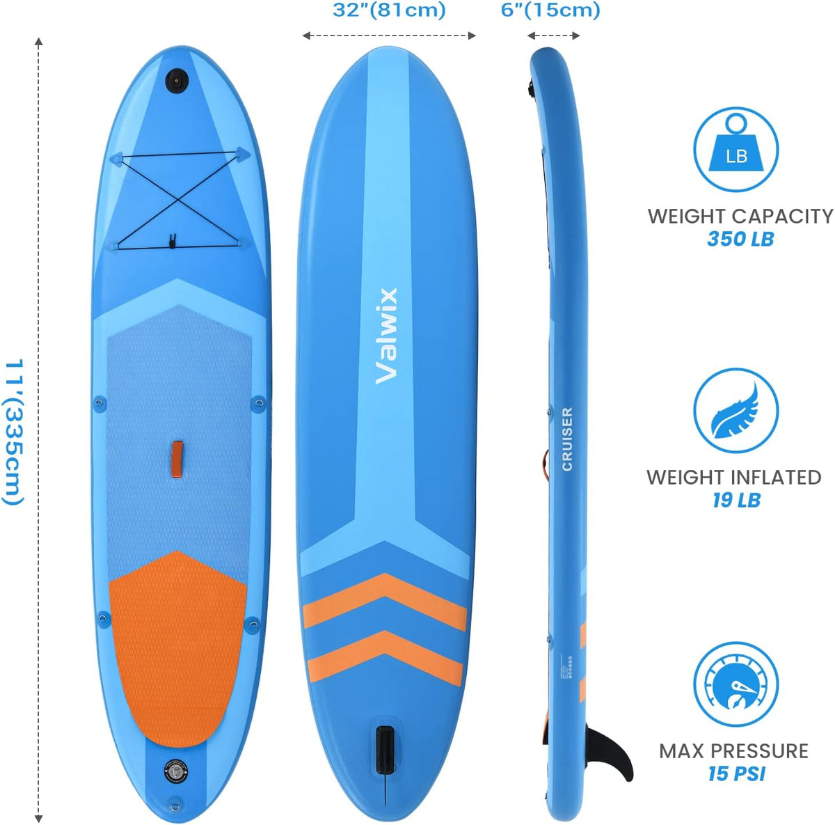 Inflatable Stand Up Paddle Board with Electric Air Pump & Action Camera Mount, 11' x 32'' x 6'', 350LBS Capacity (Blue) H8350