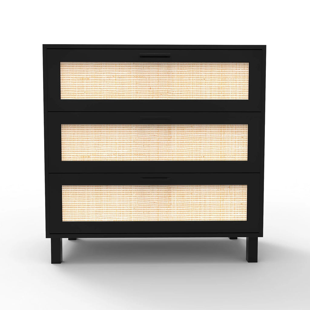 Black 3 Drawer Rattan Wood Accent Table B389