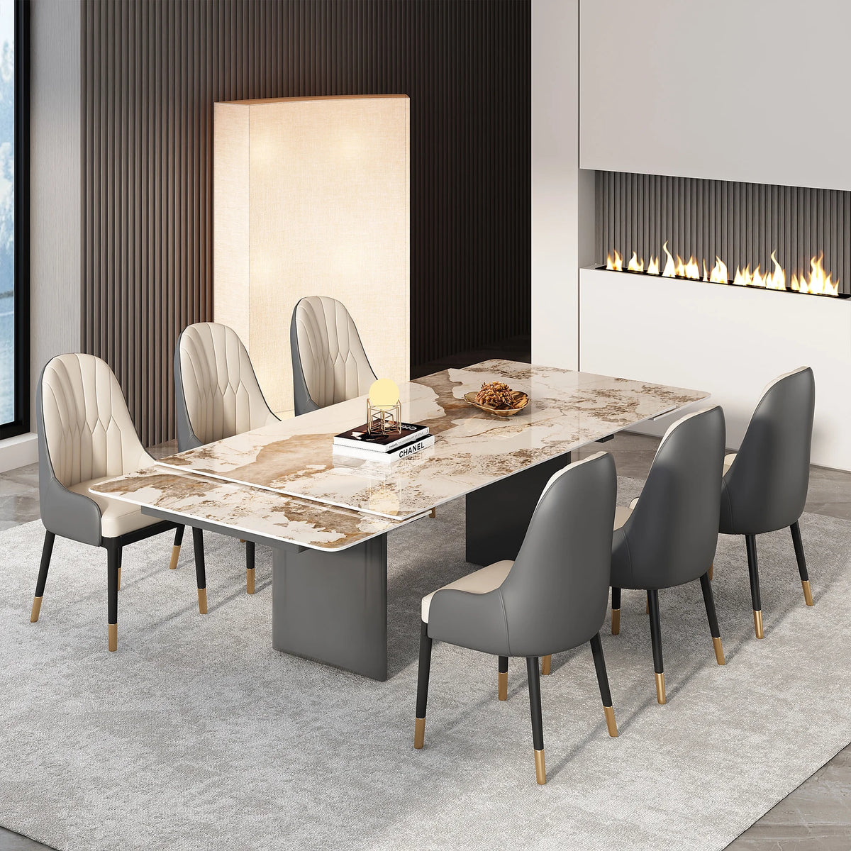 6-Person Extendable Dining Set with Sintered Stone Top and Stainless Steel Legs A3889