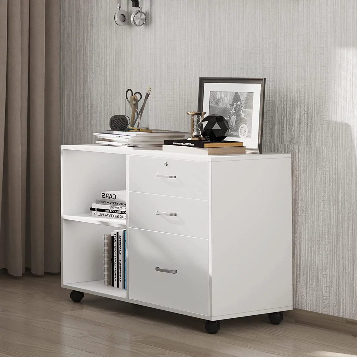 White 3 Drawer Wood File Cabinet with Storage Shelves N22803
