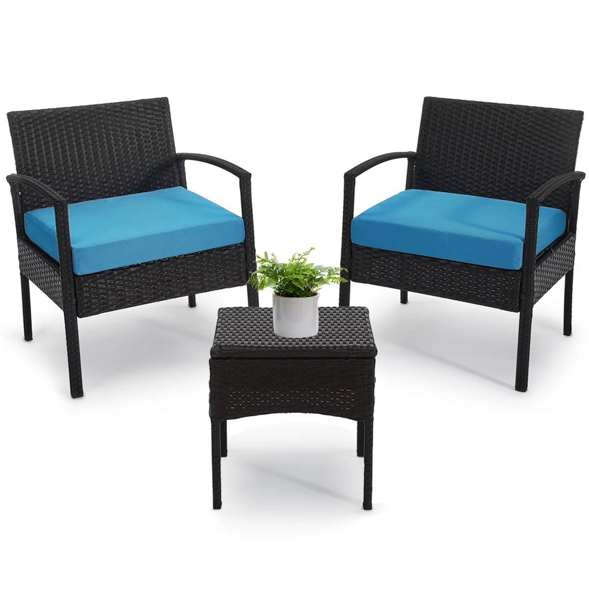 3 Piece Rattan Bistro Set with Side Table and Cushions E447