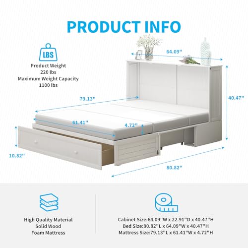 Queen Murphy Bed with Tri-Folding Mattress and 2 Storage Drawers J7709