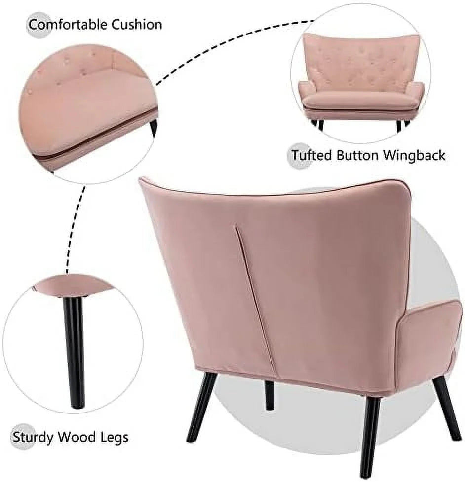 Pink Velvet Tufted Wingback Accent Chair with Solid Wood Legs L227032