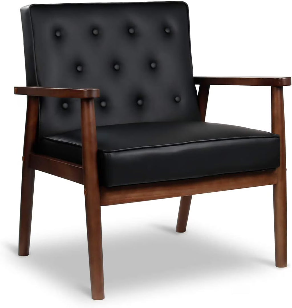 Mid-Century Accent Chair Wooden Arm Upholstered Tufted Back Lounge Chair R1548