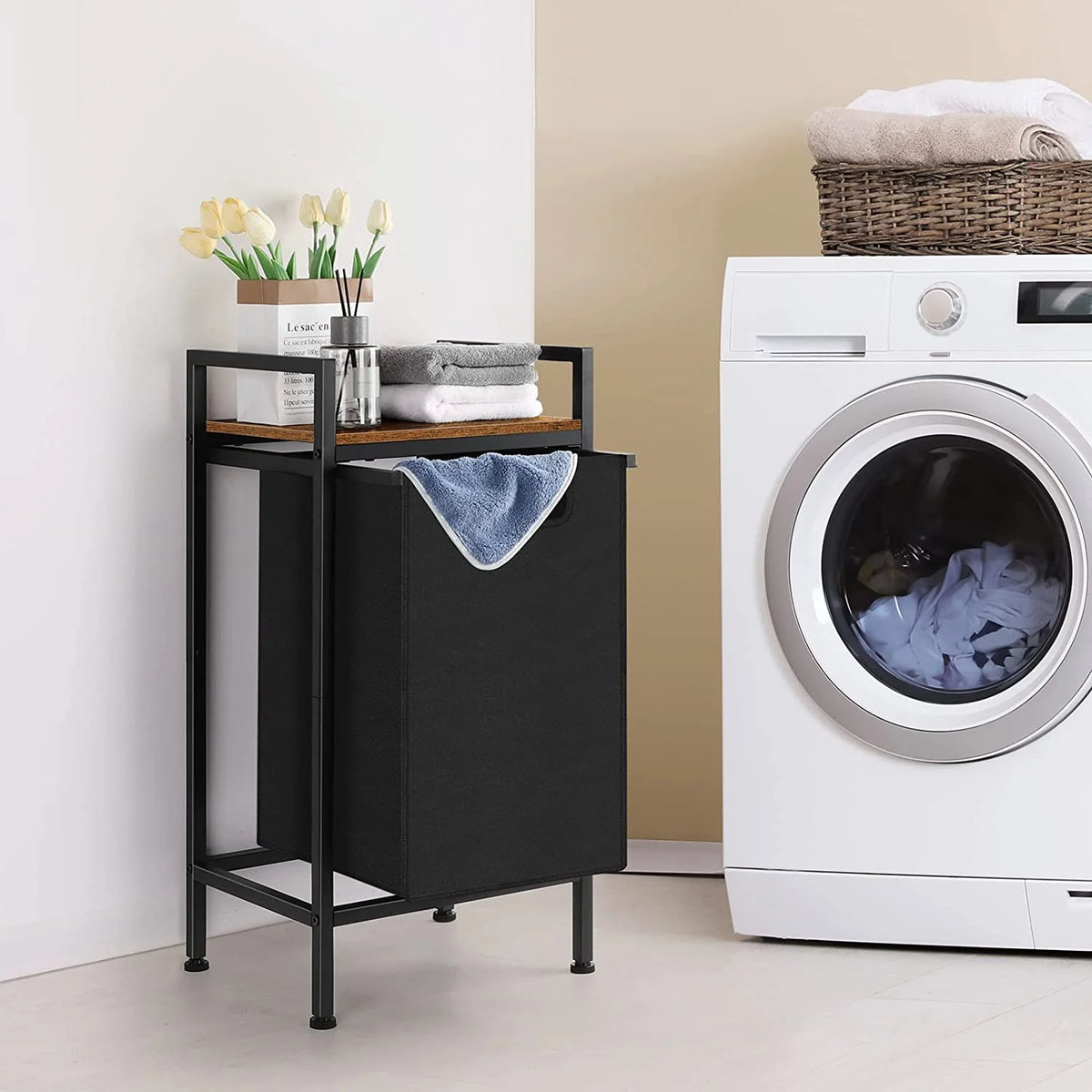 Black Laundry Hamper Basket with Removable Bag and Wood Shelf K869