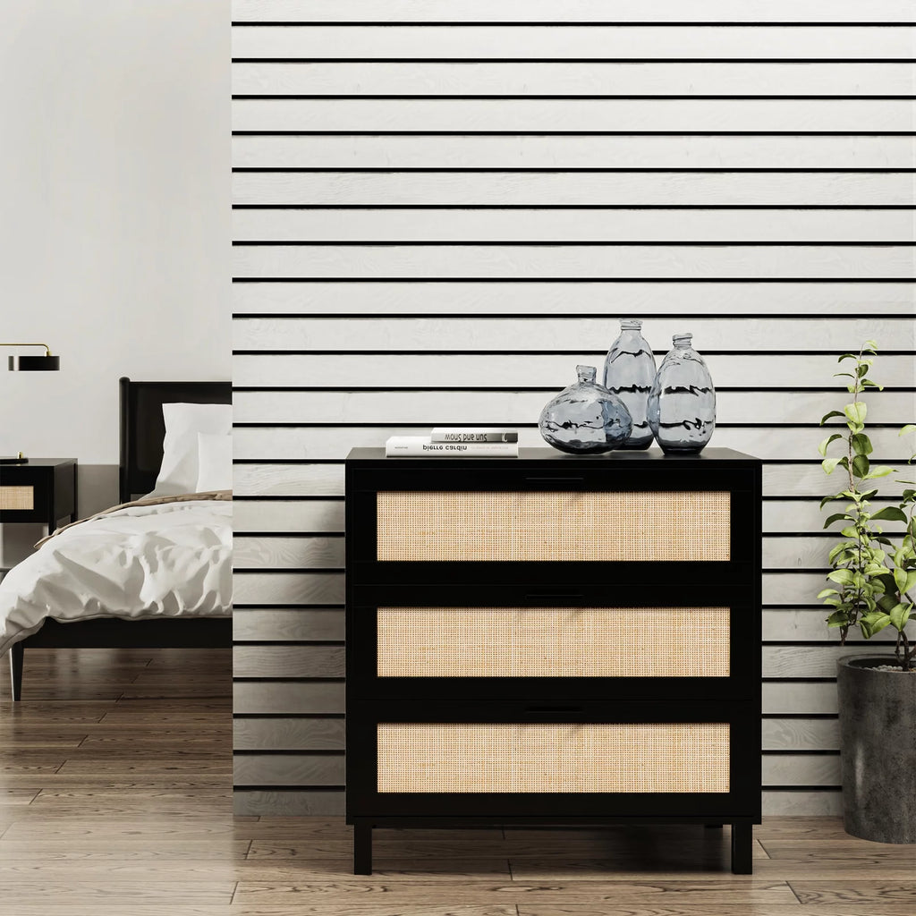 Black 3 Drawer Rattan Wood Accent Table B389