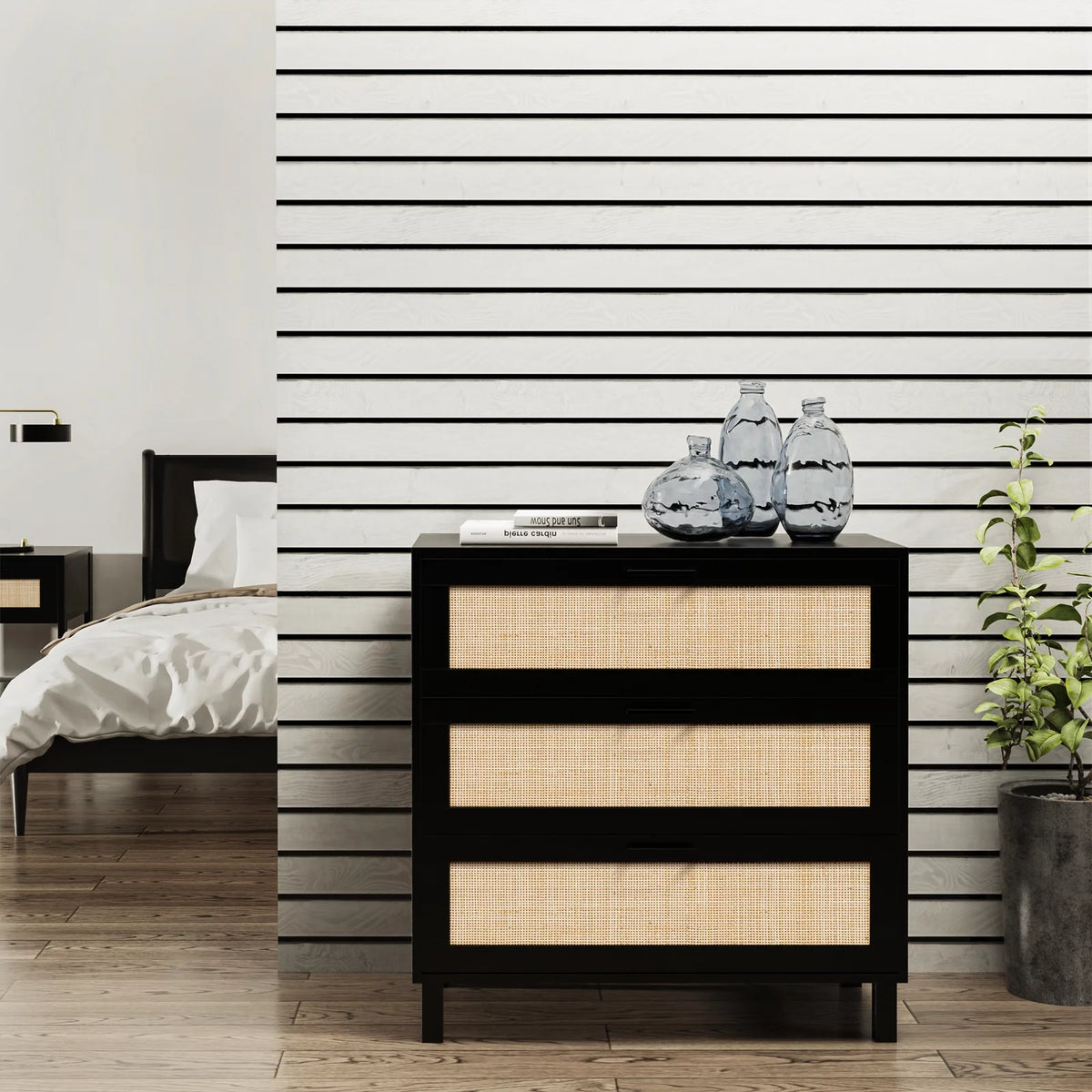 Black 3 Drawer Rattan Wood Accent Table B389
