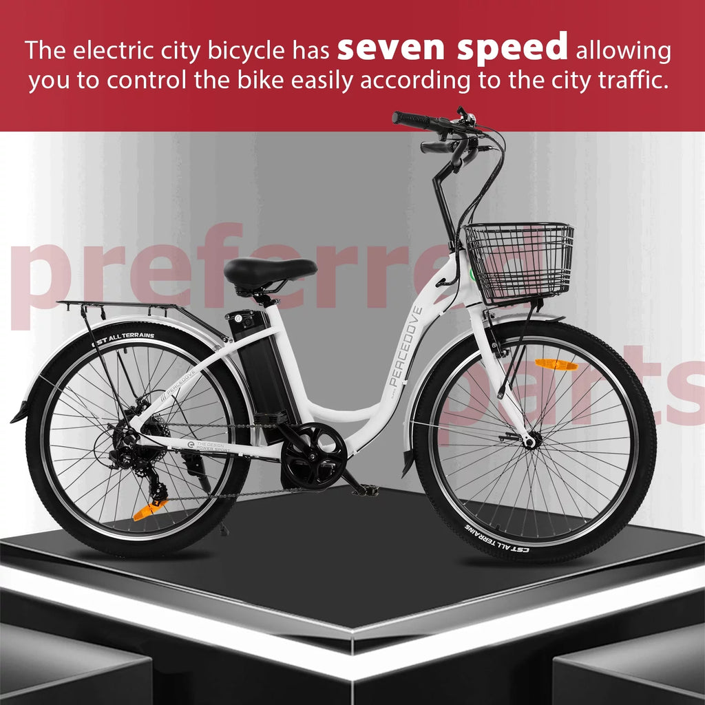 26 Inch 350 W White 7 Speed Electric Bicycle with Basket W497