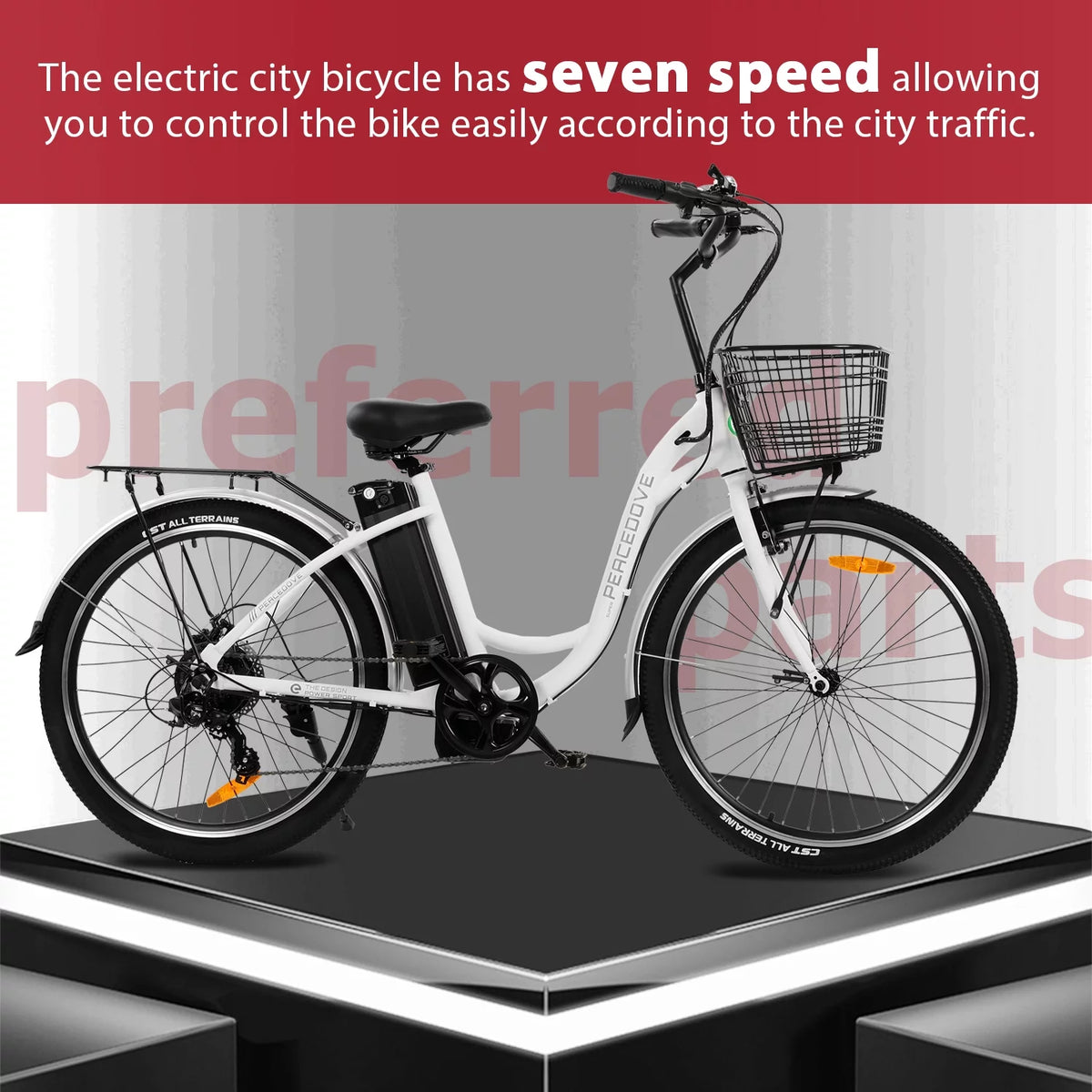 26 Inch 350 W White 7 Speed Electric Bicycle with Basket W497