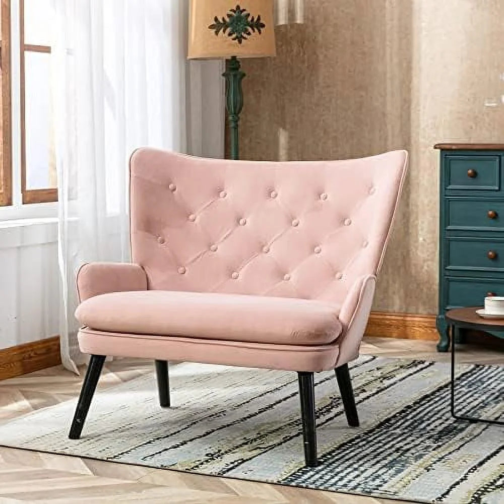 Pink Velvet Tufted Wingback Accent Chair with Solid Wood Legs L227032