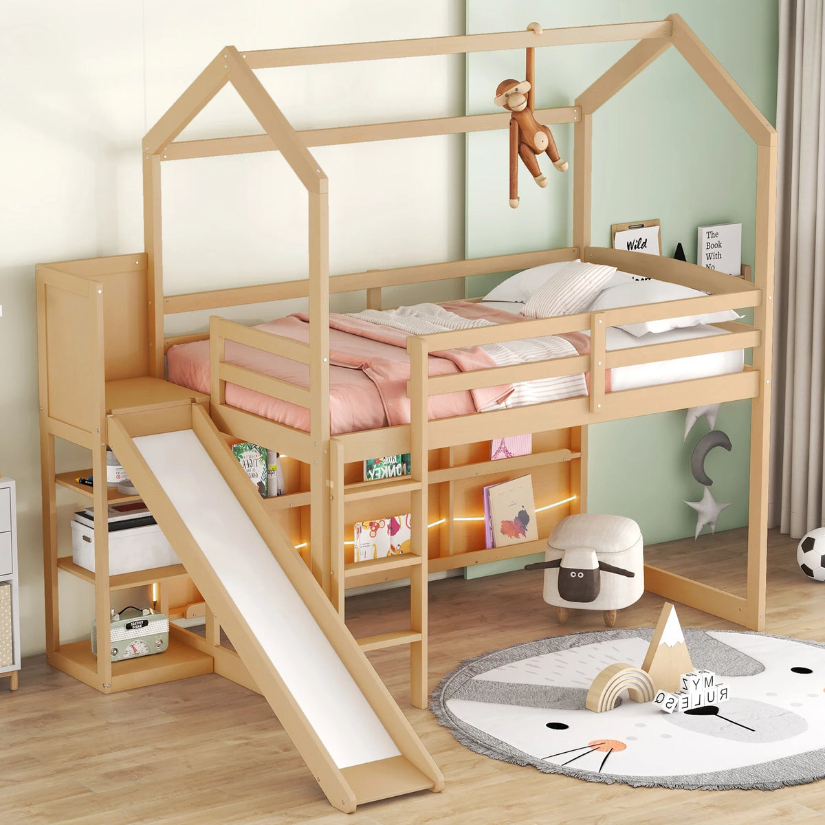 Wood Twin Size Loft Bed with Shelf and Slide F60249