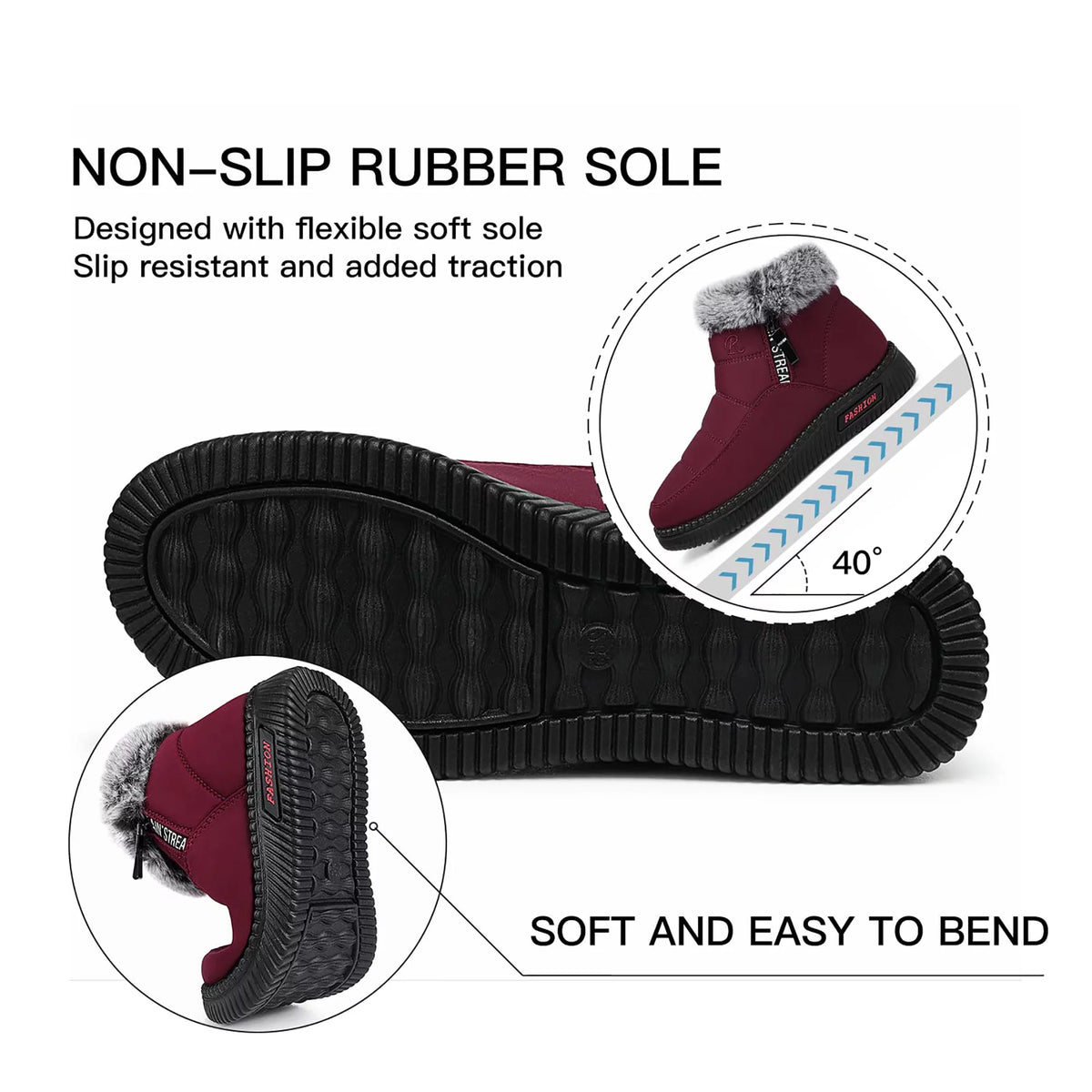 Waterproof Faux Fur Lined Wine Red Snow Boots L60741