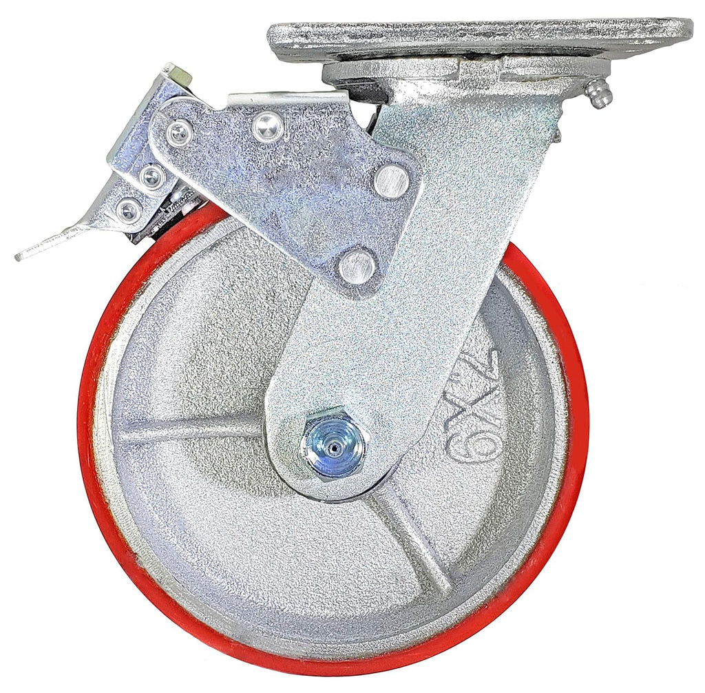 6 x 2 Total Lock Caster Set of 4 with Red Polyurethane on Steel Wheel T1759