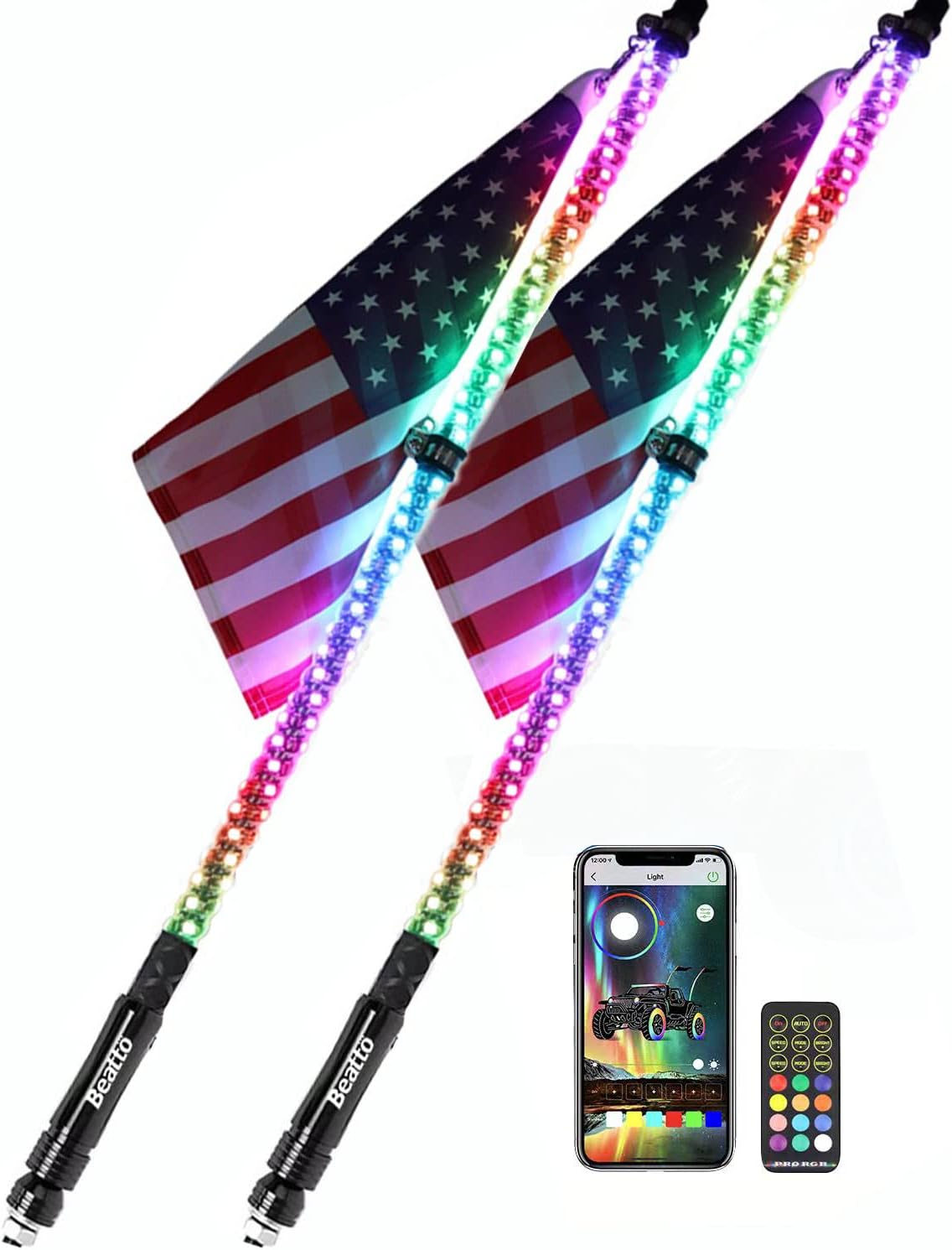 2PCS 5FT LED Whips Light with Remote and app J2011