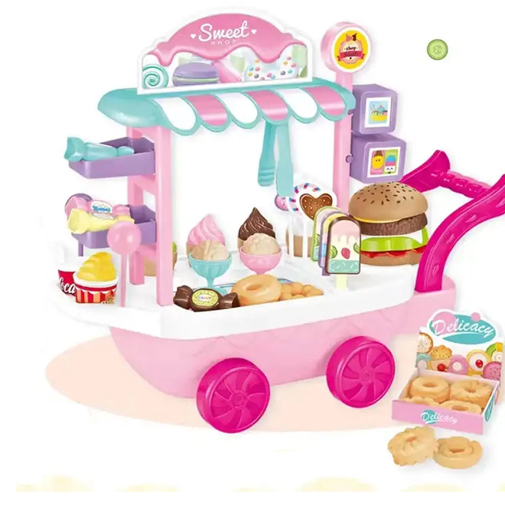 Dessert Candy Trolley Kitchen Toy Set with Umbrella Food Dishes H9808
