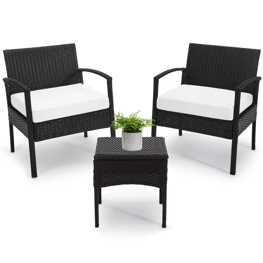 3 Piece Rattan Bistro Set with Side Table and Cushions E447