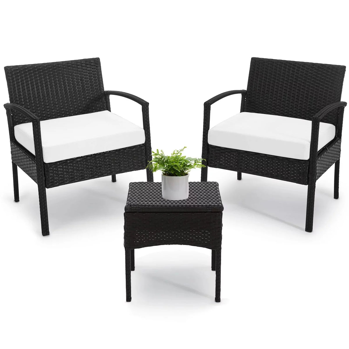 3 Piece Rattan Bistro Set with Side Table and Cushions E447