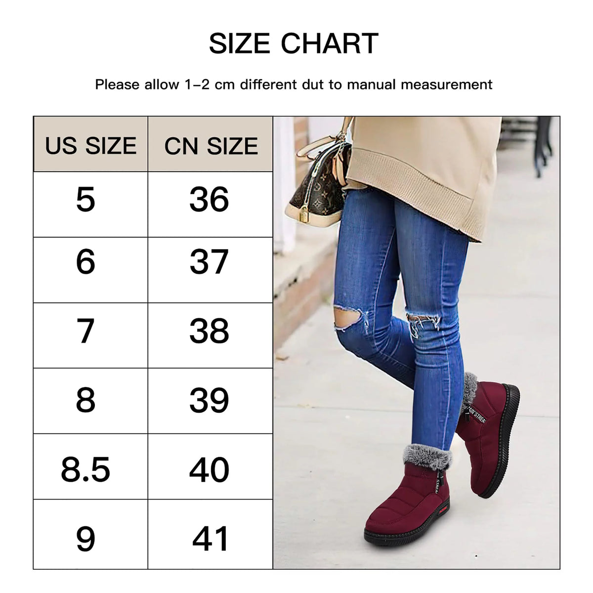 Waterproof Faux Fur Lined Wine Red Snow Boots L60741