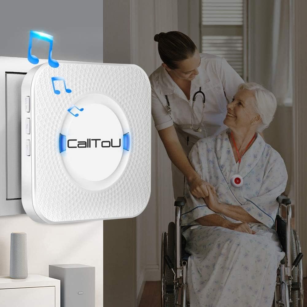 Wireless Caregiver Pager System with 2 SOS Call Buttons, 2 Receivers, 1 Steel Hand Bell W2938